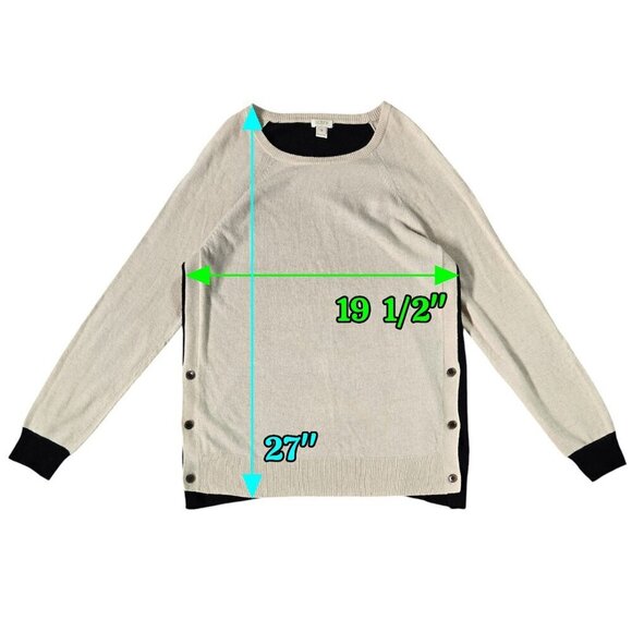 J. Crew Wool Blend Tan Black Elbow Patch Side Buttons Crew Neck Sweater Preppy - Picture 3 of 10